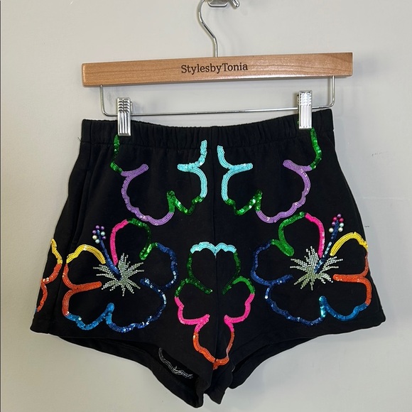 Queen Of Sparkles Short Black Outlined Hibiscus Embellished Sequin Sz XS - Picture 3 of 9